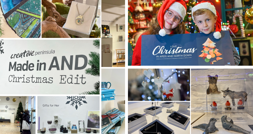 A trio of images including the Creative Peninsula Edit, North Down Museum Christmas Shop and two children dressed with santa hats